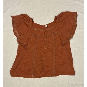 Women's Top Large Orange Peasant Blouse Ruffled Sleeves Crochet-lace Button-down